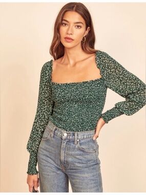 Reformation Green Floral Puff-Sleeve Square Neck Crop Top
